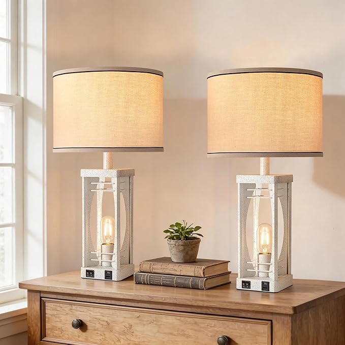 SRJJA Farmhouse Table Lamps Set of 2 for Living Room, Modern Industrial Bedside Lamps with USB A+C Charging Ports, 22.5" Dual Light Nightstand Lamp with Linen Shade for Bedroom End Tables