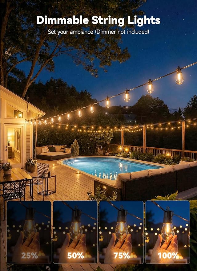 Minetom 31FT Outdoor String LED Patio Lights Waterproof, 9 Shatterproof S14 Vintage Edison Bulbs,Commercial Grade Outside Hanging Lights Waterproof for Porch Deck Garden Backyard Balcony Cafe Bistro