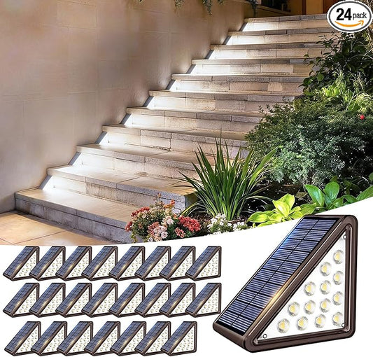 Solar Step Lights Outdoor Waterproof IP65,Cool White Brown Solar Stair Lights, Outdoor Light Decor for Stair, Deck, Step, Porch and Outside Patio, 24 Pack
