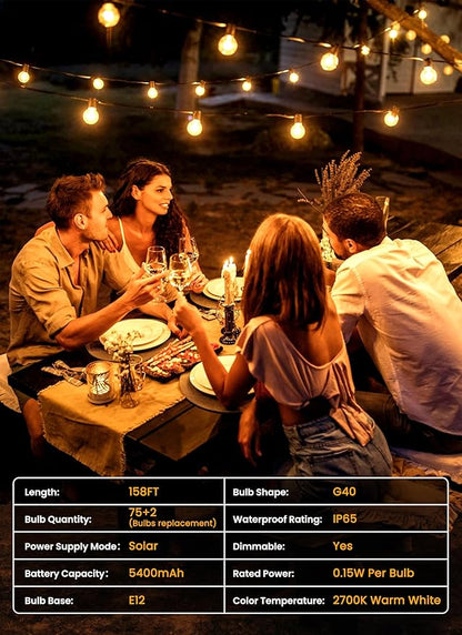 Brightown 158FT 77LED Solar String Lights Outdoor with Remote & USB Port, Shatterproof Bulbs, Dimmable & Timable, 3 Modes, Patio Lights Solar Powered with Mount Clips for Camping Backyard Garden Decor