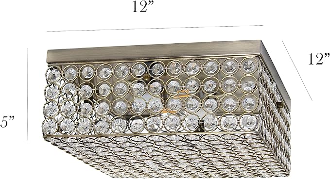 Elegant Designs FM1004-ABS Elipse Crystal 12 Inch Modern Metal 2 Light Squared Ceiling Flush Mount Fixture, Antique Brass