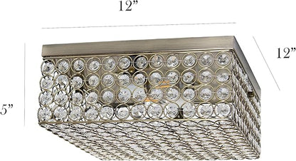 Elegant Designs FM1004-ABS Elipse Crystal 12 Inch Modern Metal 2 Light Squared Ceiling Flush Mount Fixture, Antique Brass