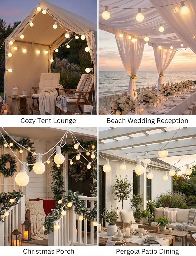 25Ft Outdoor White Frosted String Lights with 27 G40 Frosted Bulbs,E12 Socket base,Waterproof Connectable Hanging Lights for Backyard Wedding Porch Bistro Party Valentine's Day Decor,White Wire