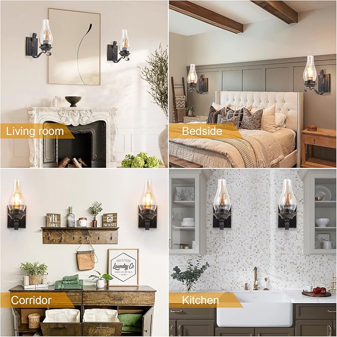 Yisuro Wall Sconces Sets of 2, Oil Rubbed Bronze Hardwired Wall Sconce Indoor, Retro Rustic Wall Lamps with Amber Glass,Vintage Bedside Sconces Wall Lighting for Living Room Bathroom