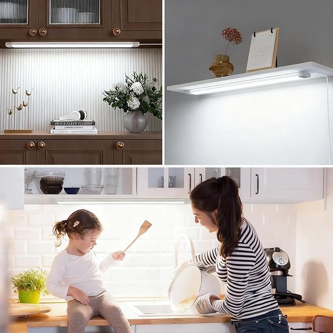 MYPLUS 16 Inch Under Cabinet Lights with Hand Wave, Under Counter Lighting 5000K Cold White,Dimmable,Plug and Play,LED Lights for Kitchen Cabinet, Cupboard, Closet, Desk