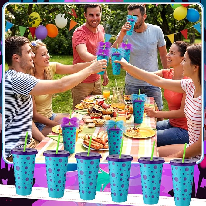 12 Sets Monster Party Supplies 24 oz Reusable Monster Themed Party Plastic Cups and Fur Plush Purple Blue Bows Bulk Cartoon Themed Drinking Cups for Girl Boy Birthday Baby Shower Decorations