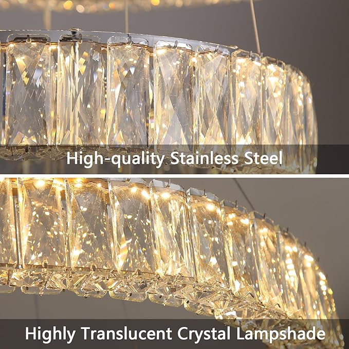 HAIXIANG 5-Rings Modern Chandelier with LED Dimmable Lights Crystal High Ceiling Chandeliers Lighting for Living Room Foyer Entryway Luxury Indoor Light Silver Fixtures