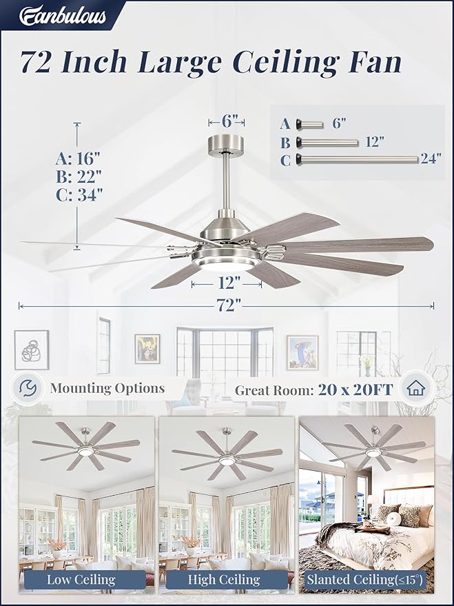 Fanbulous 72 Inch Ceiling Fans with Lights and Remote, Brushed Nickel Ceiling Fan with 8 Dual-Color Blades, Indoor/Outdoor Large Ceiling Fans, Reversible DC Motor, 6-Speed, 3CCT for Living Porch Patio