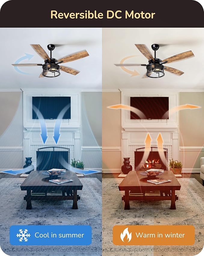 EDISHINE 52" Farmhouse Ceiling Fans with Lights and Remote, 10%-100% Dimmable, 5 Wooden Blades Lighting & Ceiling Fans with Timer, 6 Speeds Reversible DC Motor for Living Room Bedroom, Burnt Wood