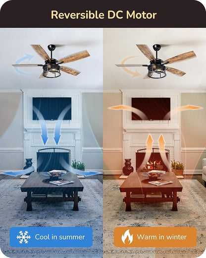 EDISHINE 52" Farmhouse Ceiling Fans with Lights and Remote, 10%-100% Dimmable, 5 Wooden Blades Lighting & Ceiling Fans with Timer, 6 Speeds Reversible DC Motor for Living Room Bedroom, Burnt Wood