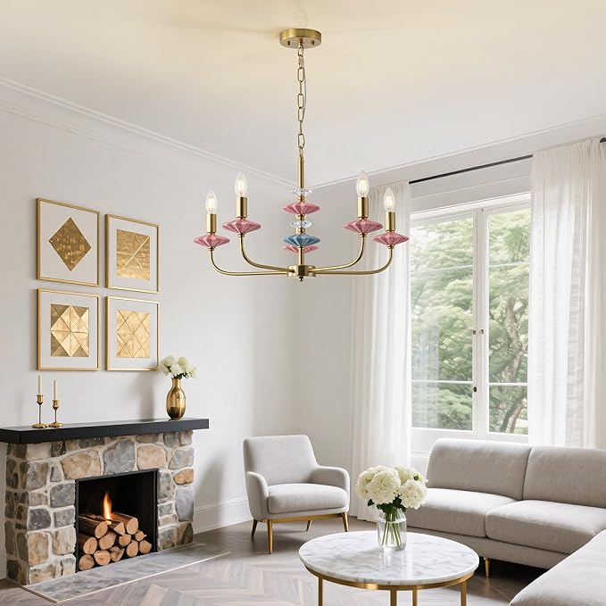 Pink Chandeliers for Dining Room Light Fixture Over Table,5-Light Art Deco Chandelier, Modern Retro Candle Chandelier with Ceramic,Farmhouse Chandelier for Girls Bedroom Living Room, Foyer