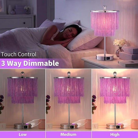 Lovlast Girls Table Lamp with Tassel Lampshade, 3 Way Dimmable Touch Bedside Purple Lamp with USB C + A Ports, Lavender Nightstand Lamp for Girls Bedroom, Living Room, Office, LED Bulb Included