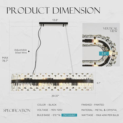 39" Modern Black Rectangle Crystal Chandelier Light Fixtures for Kitchen Island Luxury Linear Crystal Chandeliers for Dining Room 16-Light Long Hanging Pendant Lighting for Entryway Foyer Bar