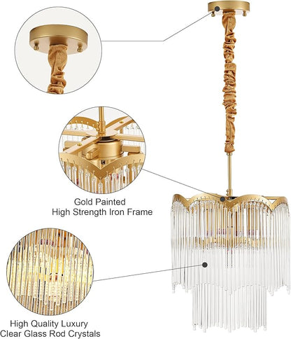12.52" Gold Clear Glass Crystal Pendant Light 5-Light Modern Crystal Pendant Ceiling Light Fixture 2-Tier Luxury Glass Chandeliers,for Dining Room Kitchen Island Living Room Bedroom