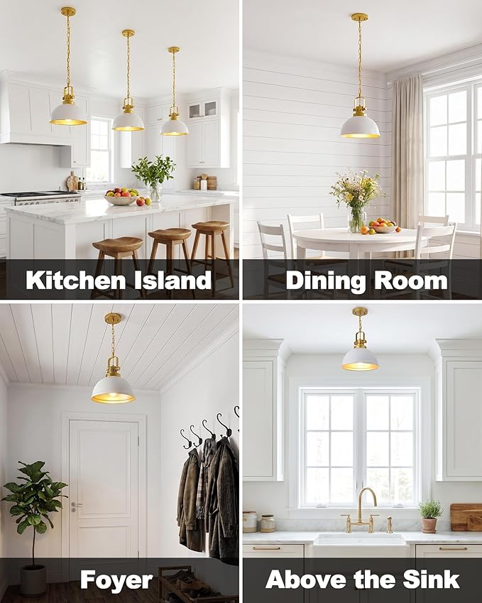 White and Gold Pendant Lights, 11.8" Modern Dome Pendant Light Fixtures with Adjustable Chain Hanging Lighting for Kitchen Island Dining Room Restaurant Bedroom Foyer Entrance Sink