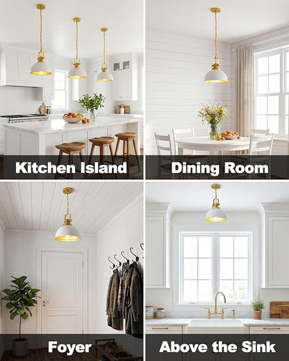 2-Pack White and Gold Pendant Lights Kitchen Island, Modern Matte White Dome Pendant Lighting with Adjustable Chain Light Fixture for Kitchen Dining Room Restaurant Foyer Entrance Sink