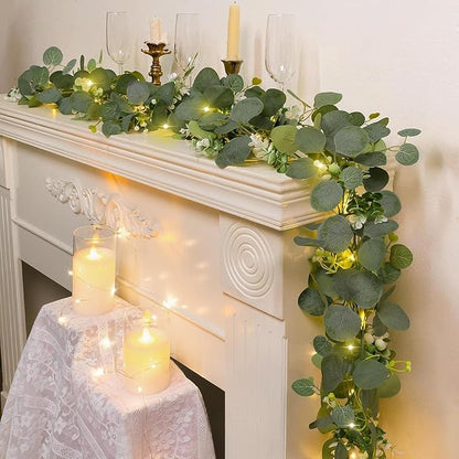 N&T NIETING 4 Pack Artificial Eucalyptus Garland with Lights, 6FT Artificial Greenery Garlands, Battery Operated Twig Vine for Room Stairs Mantle Wedding Holiday Mothers Day Decoration Indoor Outdoor