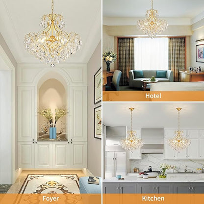 Crystal Candle Chandelier Pendant Flushmount Ceiling Light Modern Lighting Fixture for Bedroom Hallway Bar Kitchen Bathroom, H 16.9" x W 22.8", Gold, E12 Base
