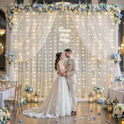 20×15ft White Tulle Backdrop Curtain with Lights String for Parites Sheer Fabric Backdrop Curtains White Backdrop Drapes for Wedding Baby Shower Birthday Party Photo Shoot Background 4 Panels 5ft×15ft