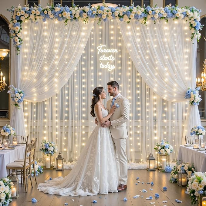 10×12ft White Tulle Backdrop Curtain with Lights String for Parites Sheer Fabric Backdrop Curtains White Curtain Backdrop for Wedding Baby Shower Birthday Party Bridal Shower Photo Shoot Background