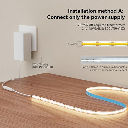 MIWISE COB LED Strip Light,24V 3000K Warm White LED Strip Lights,32.8ft UL-Listed Super Bright Flexible LED Strip,Dotless High Density Cuttable for Cabinet Bedroom DIY Projects(No Adapter&Controller)