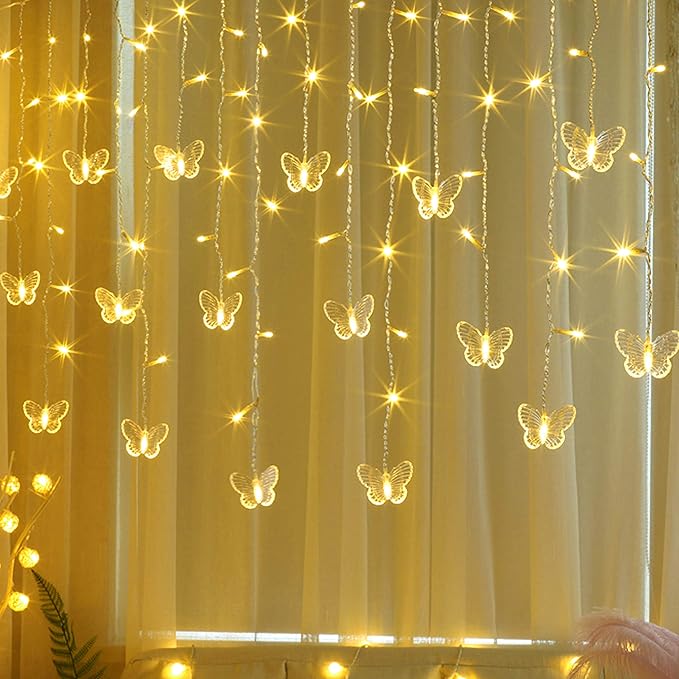 Butterfly Curtain Lights, 13ft 96 LED USB Window Fairy Lights 16 Butterflies 8 Modes Firefly Twinkle Timer String Lights with Remote for Room Bedroom Wall Ceiling Party Wedding Christmas