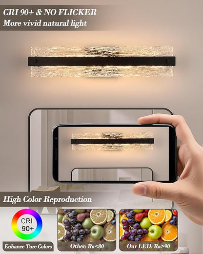 Black LED Bathroom Vanity Light, 24.4 Inch 15W Modern Dimmable Bathroom Light Fixture Over Mirror, Crystal Bar Wall Sconce Lighting for Bath, 3CCT, OS-MM5001-3BK