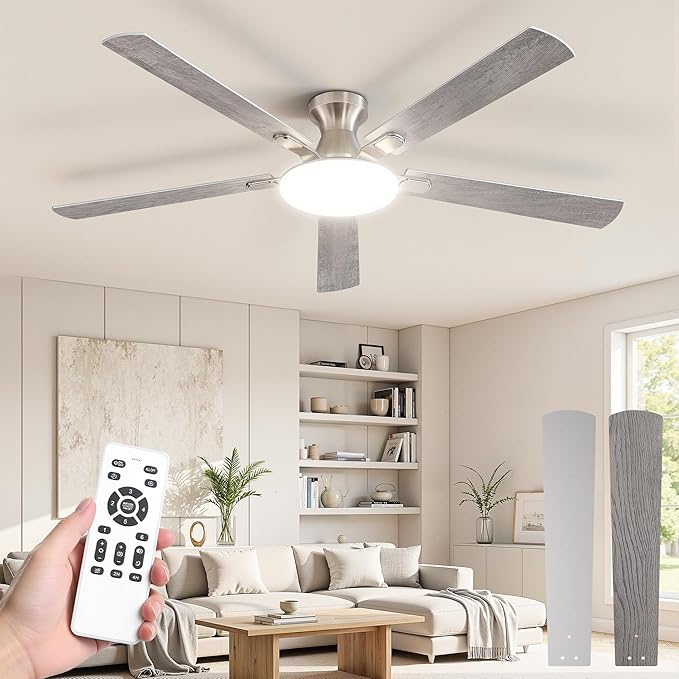 60 Inch Ceiling Fan with Lights and Remote, 30W 12" LED Panel Flush Mount Ceiling Fan, 6-Speed Quiet DC Motor Modern Low Profile Ceiling Fan with Reversible Blades for Bedroom, Living Room, Patio