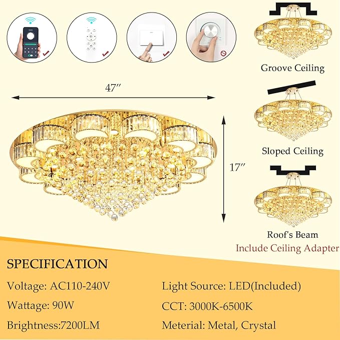 47" Gold Modern Crystal Chandeliers for Dining Room LED Dimmable Light Fixtures Flush Mount Light Living Room Bedrooms