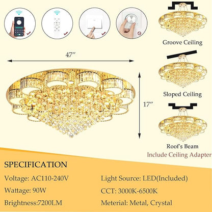 47" Gold Modern Crystal Chandeliers for Dining Room LED Dimmable Light Fixtures Flush Mount Light Living Room Bedrooms