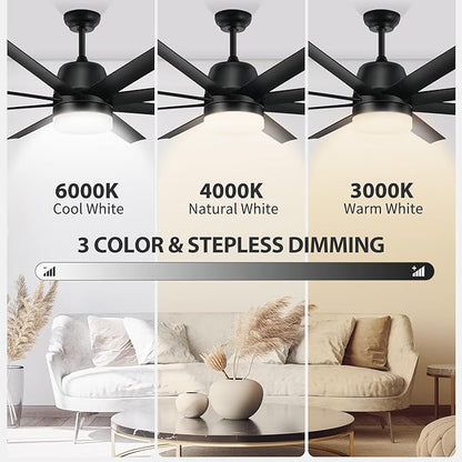 YITAHOME Black Ceiling Fans 60 Inch with Lights and Remote, Modern Fan for Indoor with Quiet Reversible 6 Speeds Motor, Dimmable LED 3 Color, Memory Function for Bedroom Living Room