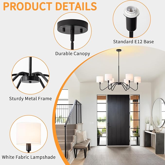 Modern Black 6-Light Chandelier, 39" Pendant Light with White Fabric Shade Adjustable Classic Chandelier Light Fixtures for Kitchen Island Dining & Living Room Entryway