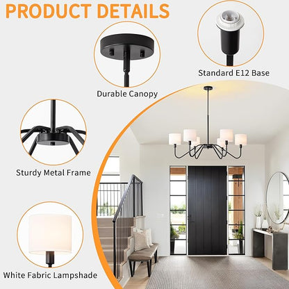 Modern Black 6-Light Chandelier, 39" Pendant Light with White Fabric Shade Adjustable Classic Chandelier Light Fixtures for Kitchen Island Dining & Living Room Entryway