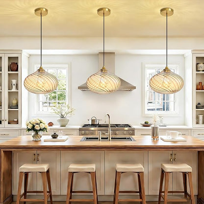 Glass Pendant Lights Kitchen Island, 11'' Gold Pendant Lighting Fixtures, Modern Hanging Ceiling Light with Striped Amber Glass Shade for Farmhouse Dining Room Bedroom Hallway(1 Pack)