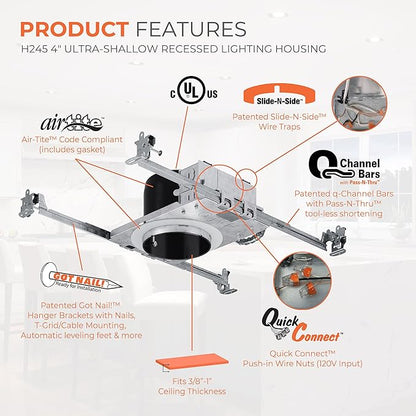HALO 4” Shallow Remodel Recessed Lighting Housing with Quick Connect, IC-Rated LED Trims & Modules - H245ICAT (6 Pack)