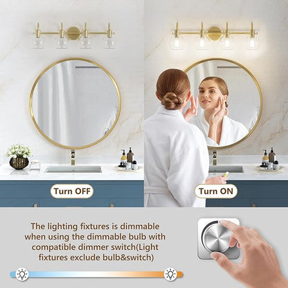 4-Light Gold Bathroom Vanity Light Fixtures, 24 Inch Over Mirror with Clear Glass Shade Wall Mounted Sconces for Bathroom, Living Room, Hallway, E26 Base