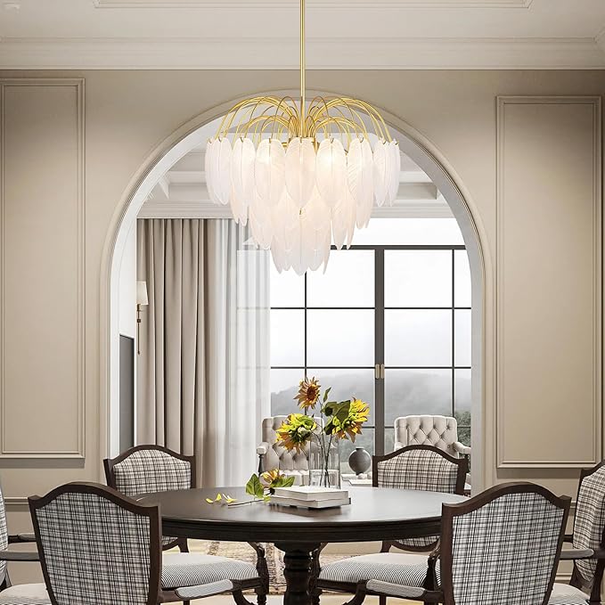 LumFurn 8-Light Gold Chandeliers, 4-Tier Modern Pendant Light Fixture for Dining Room, Living Room, D21 x H24~54" Adjustable Height, Frosted Feather-Shaped Glass Shade & Brass Finish Frame