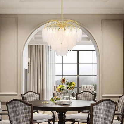 LumFurn 8-Light Gold Chandeliers, 4-Tier Modern Pendant Light Fixture for Dining Room, Living Room, D21 x H24~54" Adjustable Height, Frosted Feather-Shaped Glass Shade & Brass Finish Frame