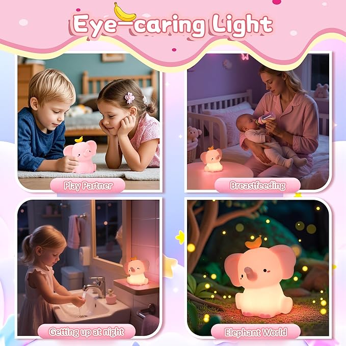 Attivolife Elephant Night Light for Kids, Cute Elephant Nursery Silicone Lamp, Rechargeable Animal Themed Room Bedside Decor Nightlight with Dimmable Timer, Gifts for Toddler Girl Teen Birthday Xmas