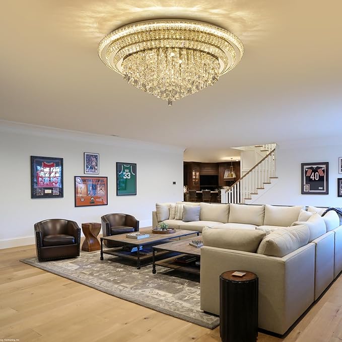 40 inch Crystal Gold Ceiling-Light Flush Mount With Remote Control and APP, 3CCT Dimmable & Brightness Adjustable, Modern Crystal Raindrop Chandeliers for Bedroom Hallway Dinning Room Living Room