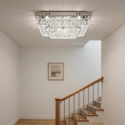 Finktonglan Modern 2-Tier Crystal Flush Mount Ceiling Light, 11.8" Rectangular LED Ceiling Fixture with Multi-Faceted Crystal Prisms, Cool White, 24W Low Profile for Kitchen Dining Hallway