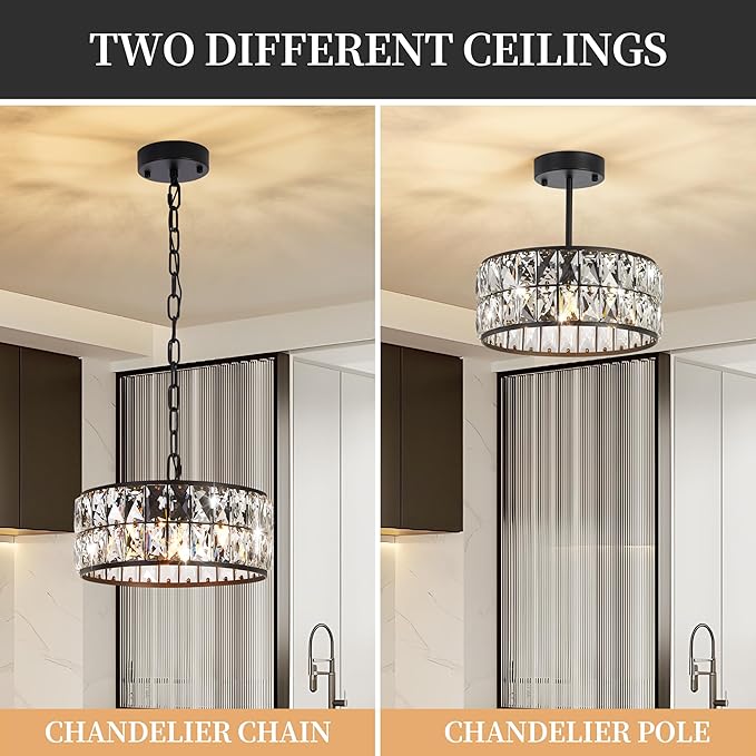 Modern Black Crystal Pendant Light 4-Light,Crystal Small Chandelier,12-Inch Small Round Semi Flush Mount Ceiling Light for Kitchen Island & Entryway