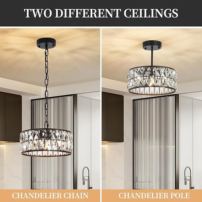 Modern Black Crystal Pendant Light 4-Light,Crystal Small Chandelier,12-Inch Small Round Semi Flush Mount Ceiling Light for Kitchen Island & Entryway
