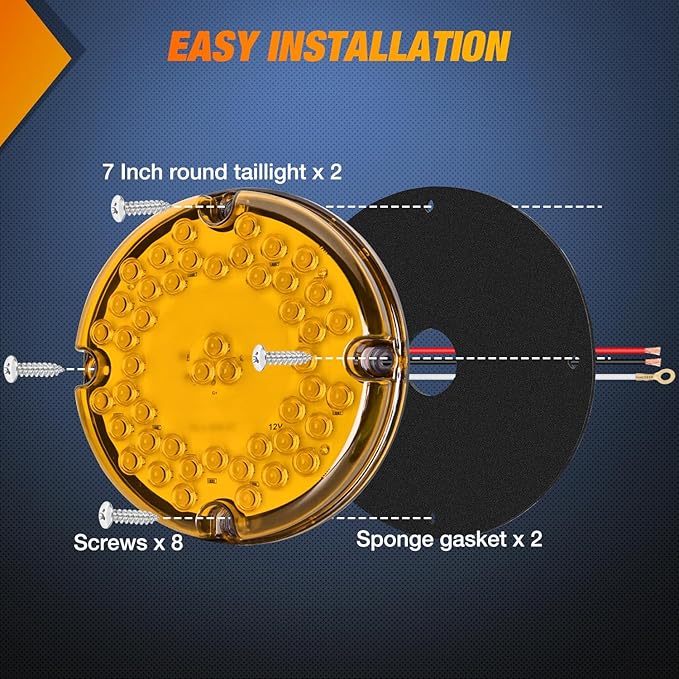 Nilight Tail Light 2PCS 7Inch Round 47 LED Amber with Inner Reflex Lens Marker Clearance Turn Signal Running Taillight IP67 Waterproof for Trailer Truck Pickup Camper RV BUS