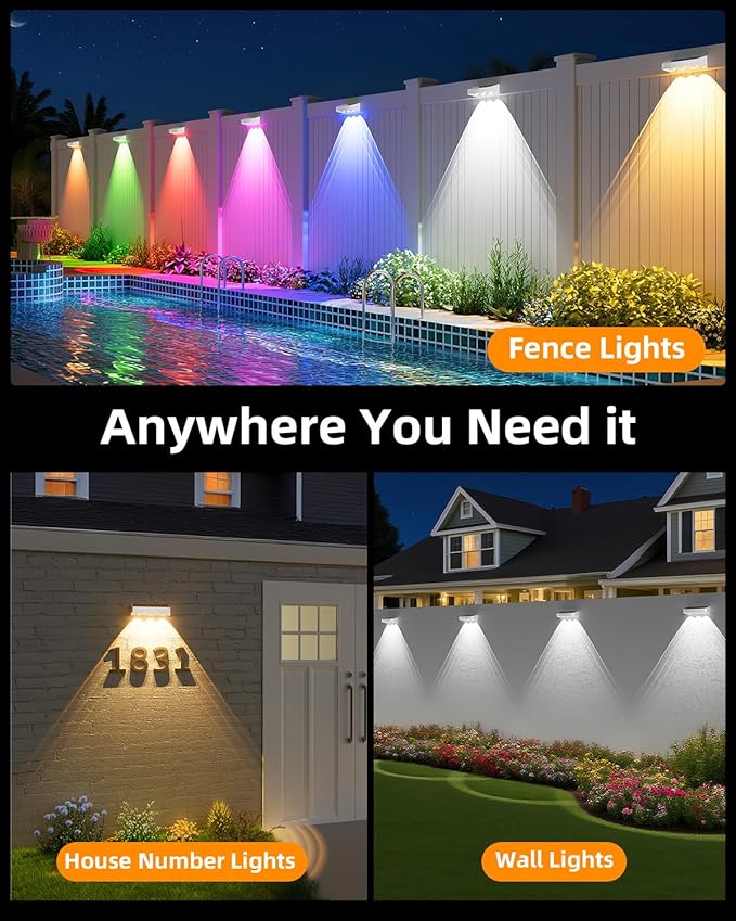 JOFIOS Solar Fence Lights Outdoor, 8 Pack, 9 Fixed Colors ＆ Color Changing LED Light Solar Powered Waterproof IP65 Dusk-to-Dawn Vinyl Fence Lights for Patio, Railing, Pool, Porch, Backyard, Wall