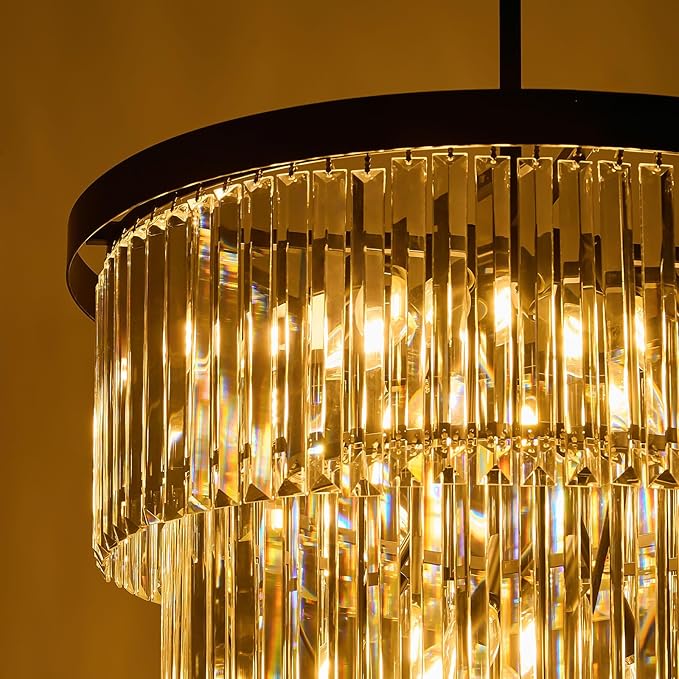 Crystal High Ceiling Chandelier Modern: 30-Inch 7-Tiered Black Staircase Chandeliers - Large Long Hanging Pendant Light Fixture For Entryway Foyer Living Room Luxury Round Flush Mount Ceilings Lights