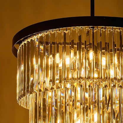 Crystal High Ceiling Chandelier Modern: 30-Inch 7-Tiered Black Staircase Chandeliers - Large Long Hanging Pendant Light Fixture For Entryway Foyer Living Room Luxury Round Flush Mount Ceilings Lights