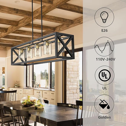 Black Gold Dining Room Light Fixture - 5 Light Chandeliers for Dining Room with Clear Glass Shade & Adjustable Height & Thickened Metal Rectangle Dining Table Light Fixture