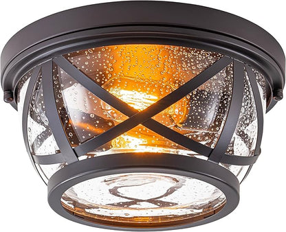 Bronze Flush Mount Ceiling Light Fixtures, 2-Light Ceiling Mount for Industrial with Seeded Glass Lampshade, Modern Flush Mount Light Fixture Farmhouse for Hallway, Kitchen, Entryway and Foyer