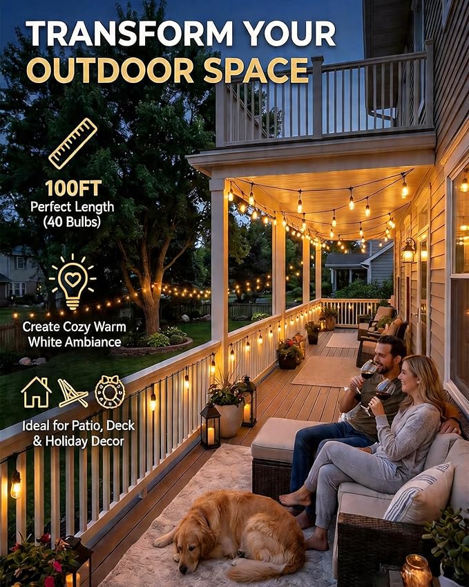 Smart RGB Outdoor String Lights, Color Changing Patio Lights with 21-Key RF Remote and Bluetooth App, IP65 Waterproof Music Sync LED Hanging Lights for Backyard Party Holiday Decor, 100FT (50FT*2)